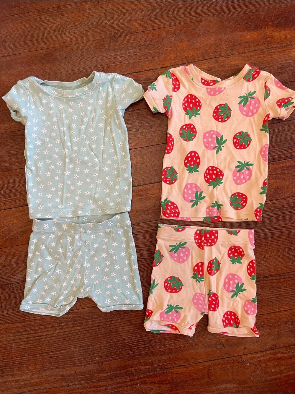 Toddler Kids 2-Pack Short Sleeve Pajama Sets - Mint Floral & Pink Strawberry 2T